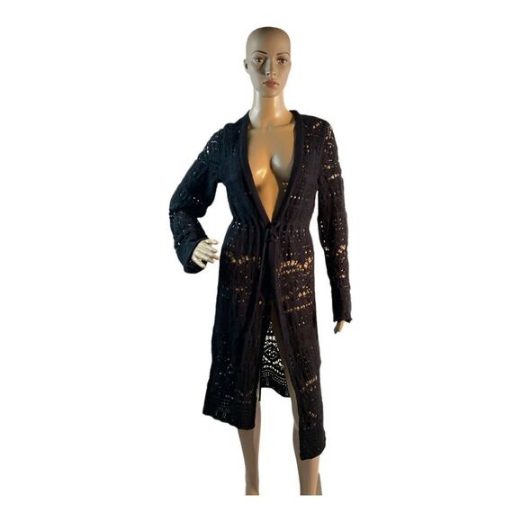 ANTHROPOLOGIE Women’s Pointelle Duster Cardigan Sweater  Black Size XS - Picture 1 of 14